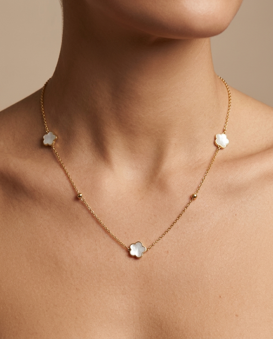 14KT Gold Mother of Pearl Flower and Ball Necklace on model