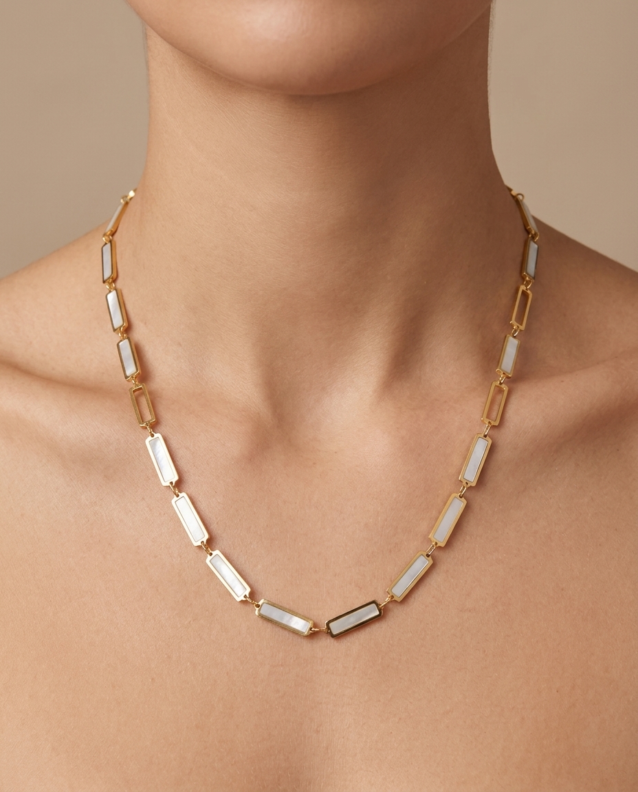 14KT Yellow Gold Mother of Pearl Necklace on model