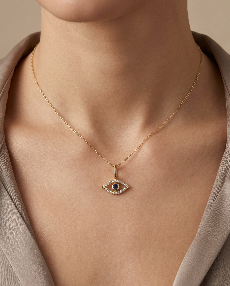 Diamond Evil Eye Necklace on model