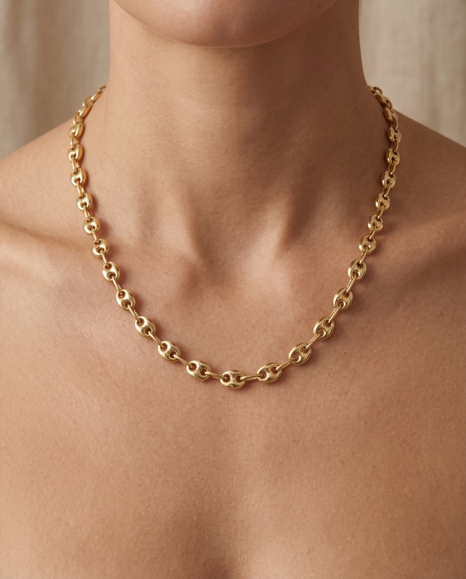 14KT Gold Hollow Puff Mariner Necklace on model