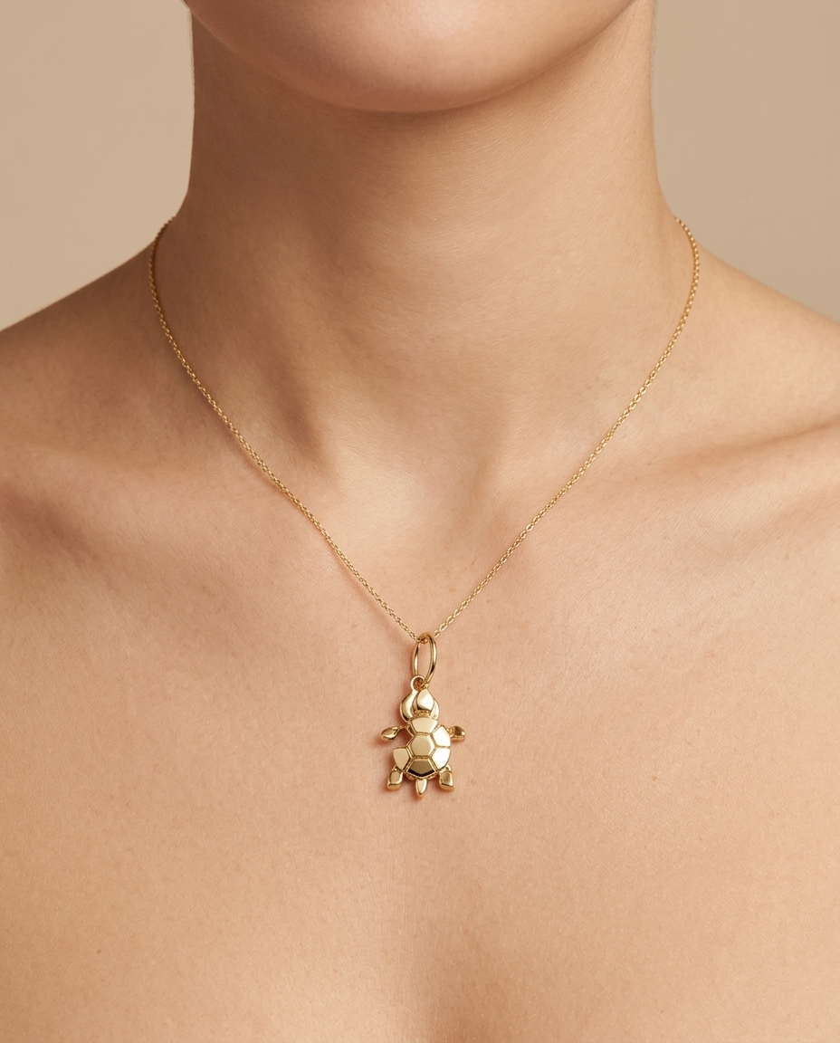 14KT Yellow Gold Turtle Design Pendant on model