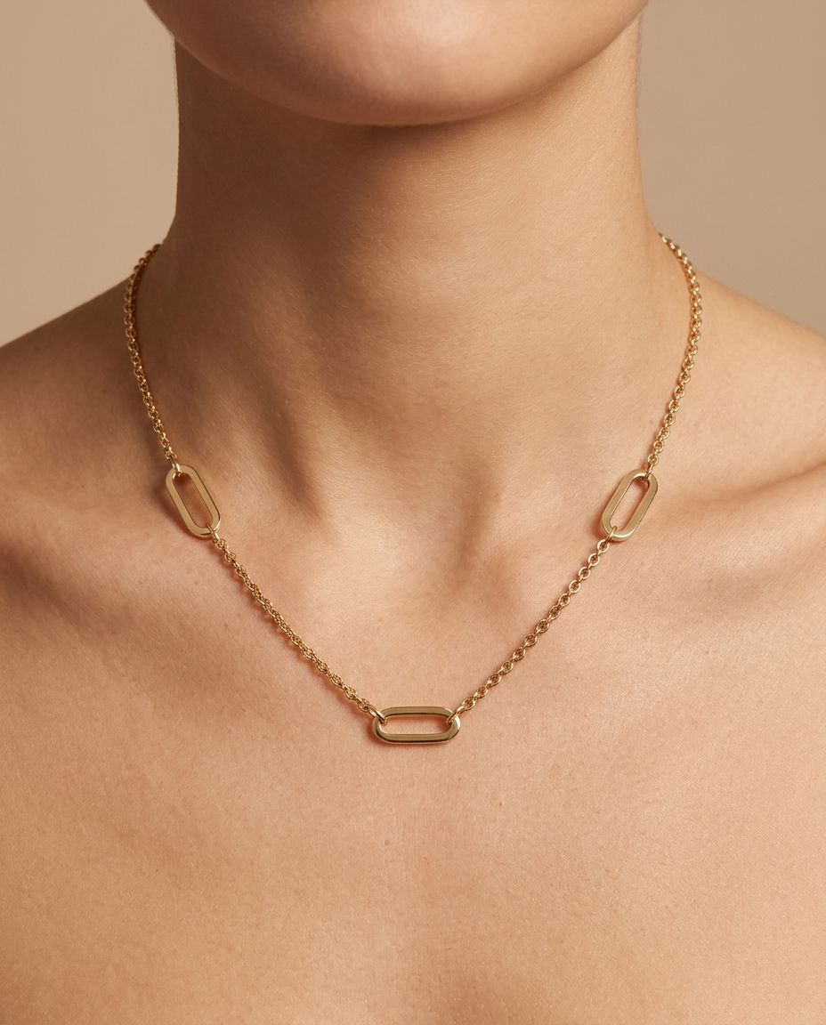 14KT Gold Paperclip Necklace on model