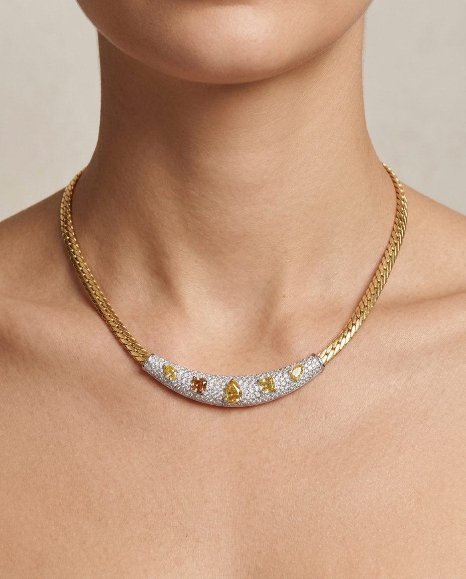 18KT Gold Multi Sapphire and Diamond Necklace on model
