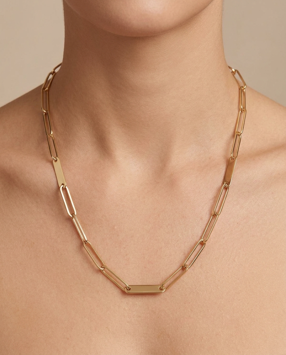 14KT Gold Paperclip Necklace on model