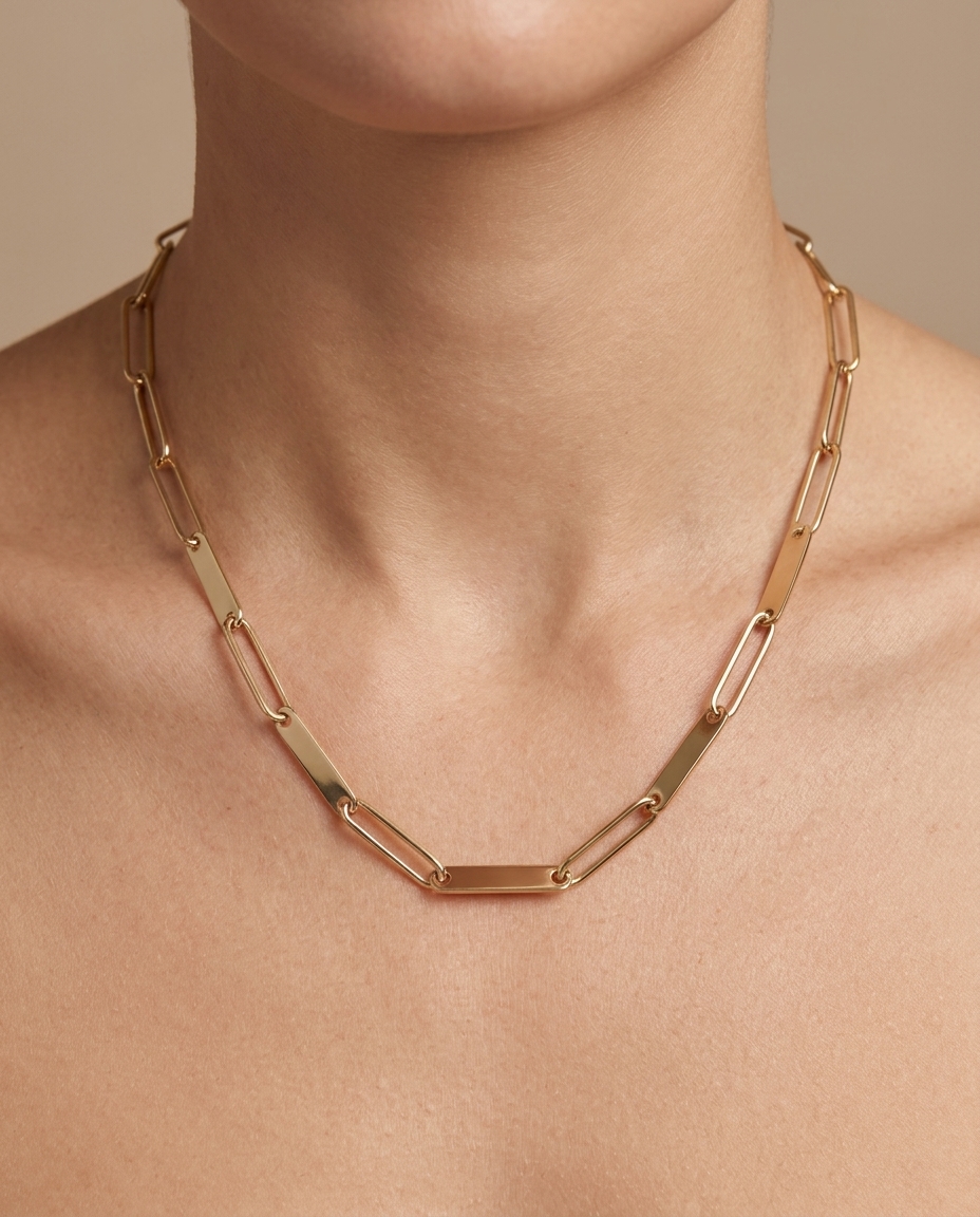 14KT Gold Paperclip Necklace on model