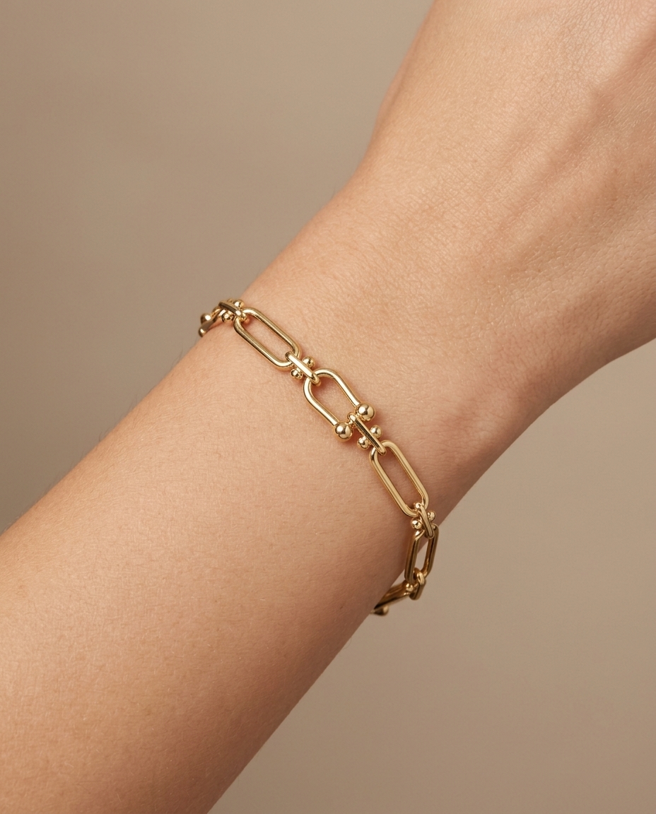 14KT Yellow Gold Paperclip Bracelet on model