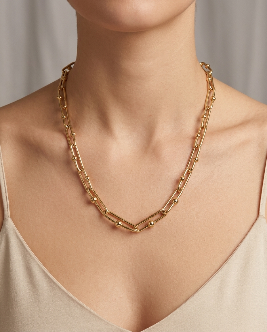 14KT Yellow Gold Paperclip Necklace on model