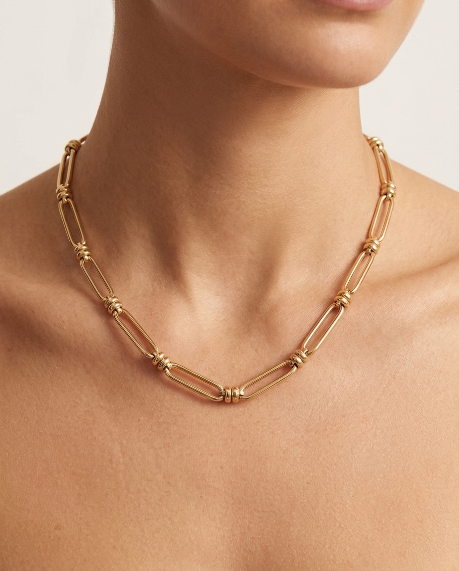 14KT Yellow Gold Paperclip Necklace on model