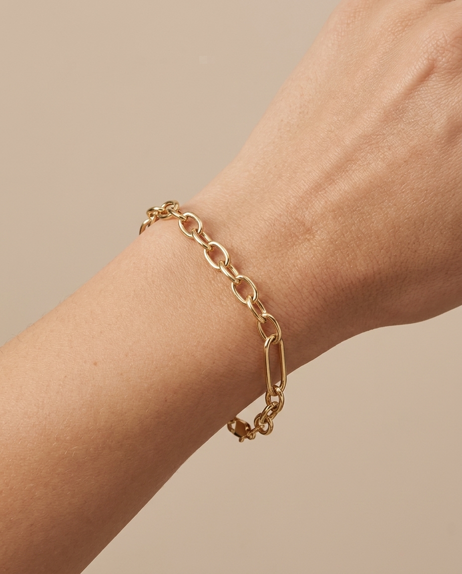 14KT Yellow Gold Paperclip Braclet on model