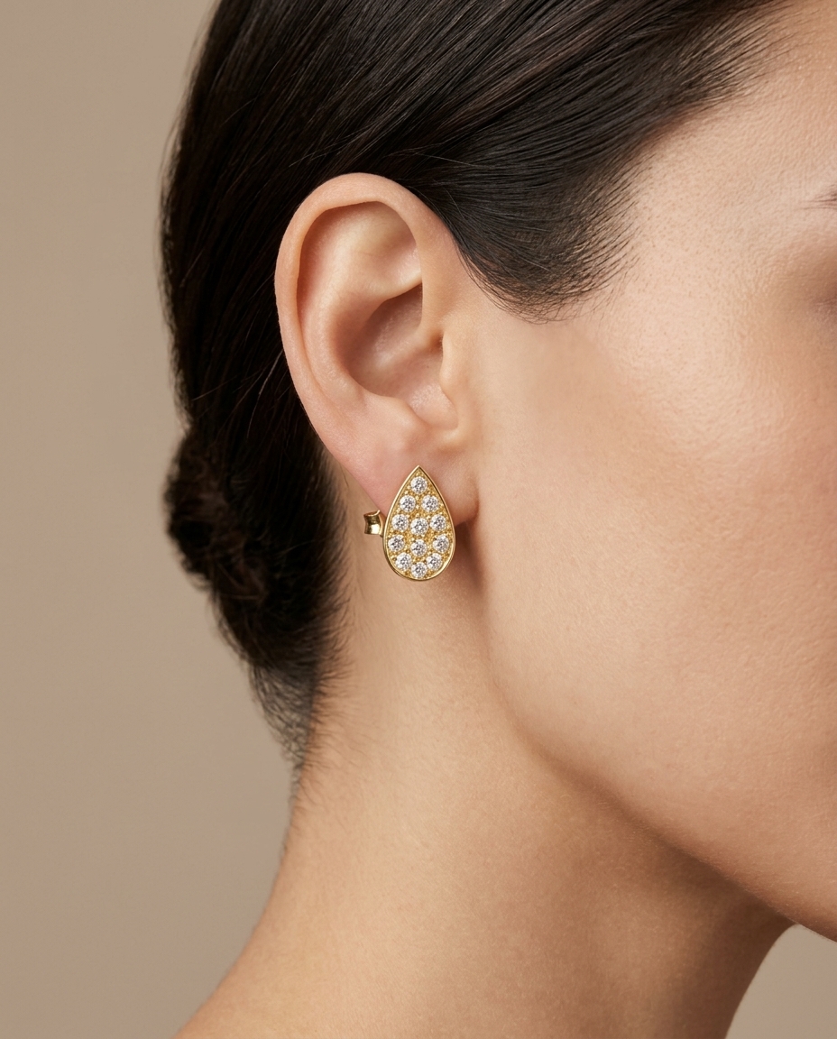 Diamond Pear Shape Ear Studs on model