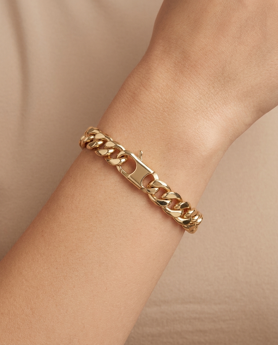 14KT Yellow Gold Hollow Cuban Bracelet 7.5" on model