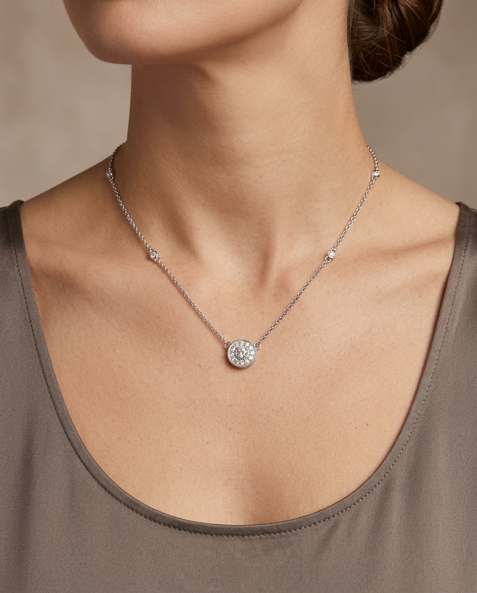 Diamond Round Disk Necklace on model