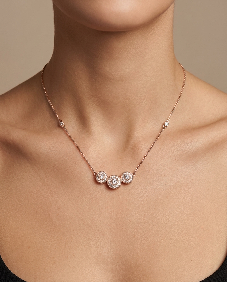 14KT Yellow Gold 3-ROUND Diamond Necklace on model