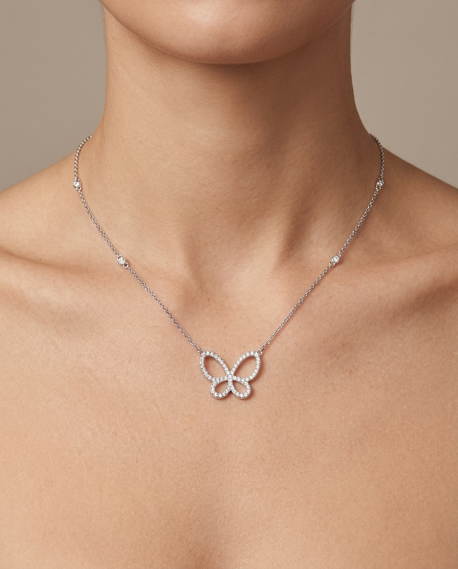 14KT Diamond Butterfly Necklace on model