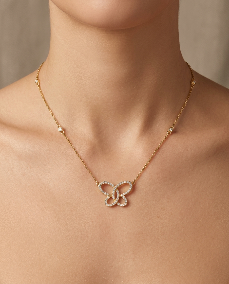 14KT Gold Diamond Butterfly Necklace on model