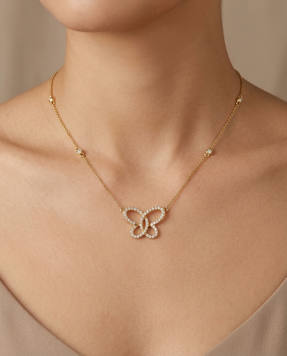 14KT Gold Diamond Butterfly Necklace on model