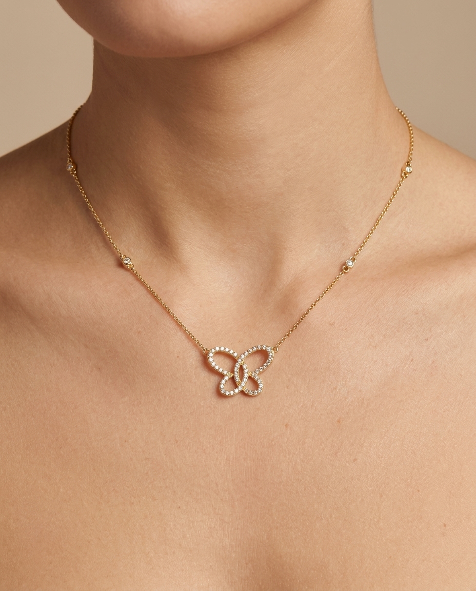 14KT Gold Diamond Butterfly Necklace on model