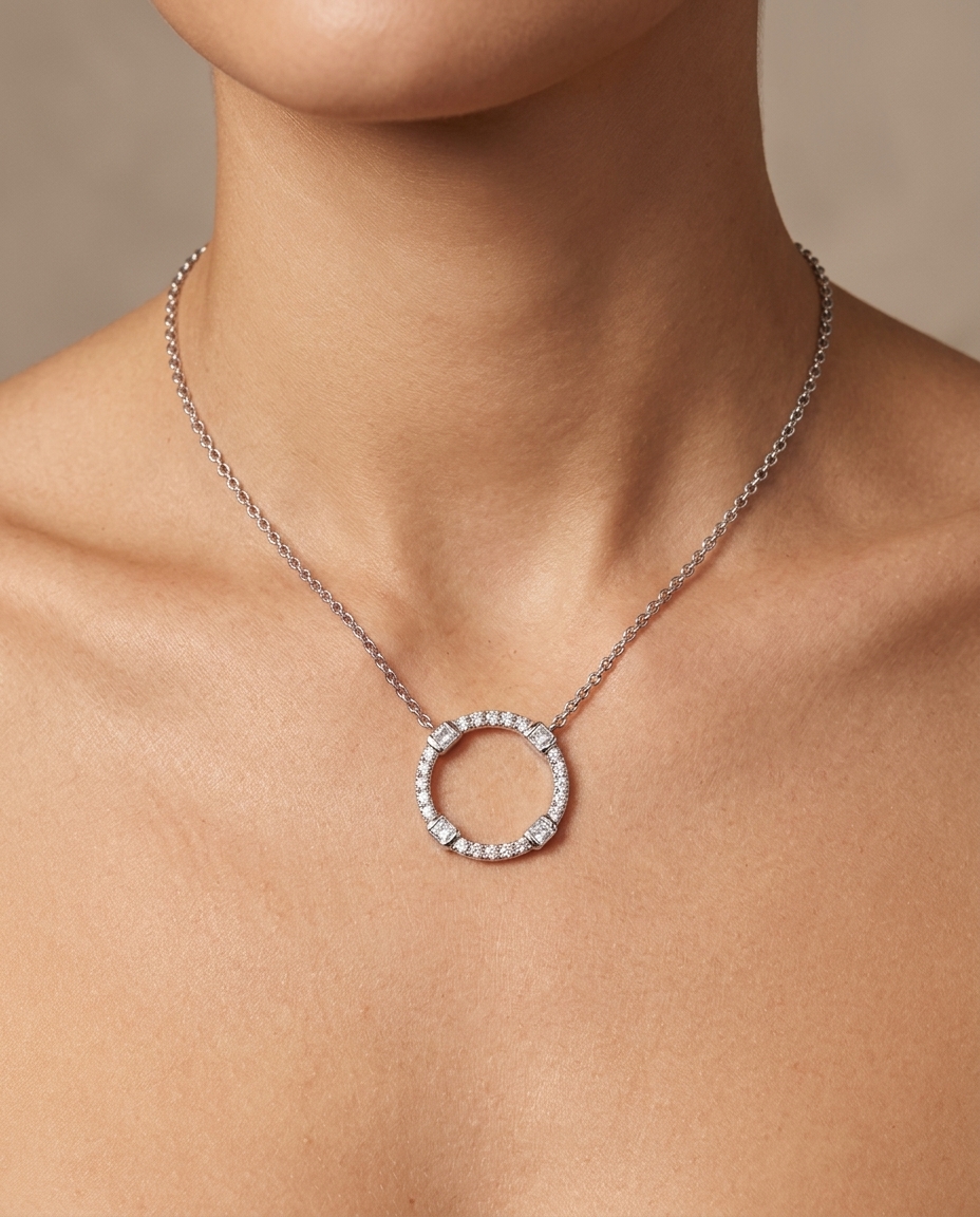 Diamond Open Circle Necklace on model