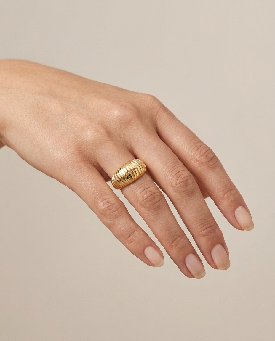 14KT Yellow Plain Gold Ridged Donut Ring on model