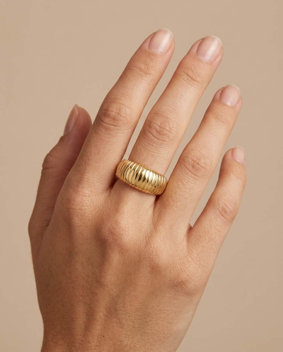 14KT Yellow Plain Gold Ridged Donut Ring on model