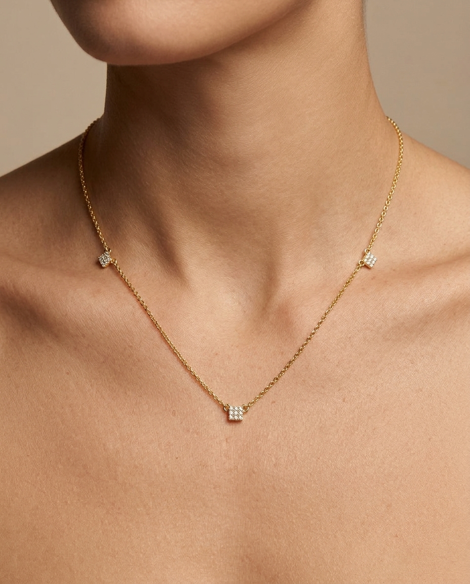 14KT Diamond Square Dangling Necklaces on model