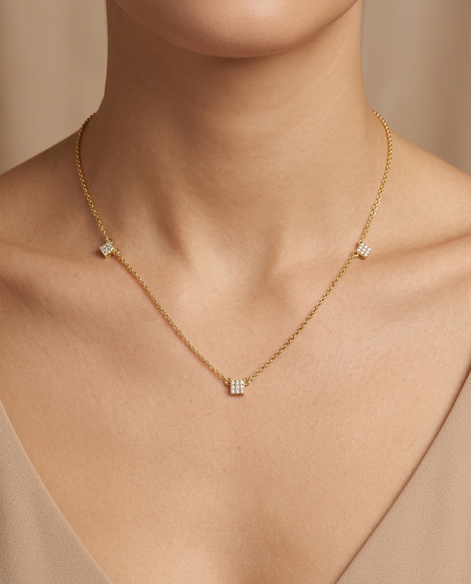 14KT Diamond Square Dangling Necklaces on model