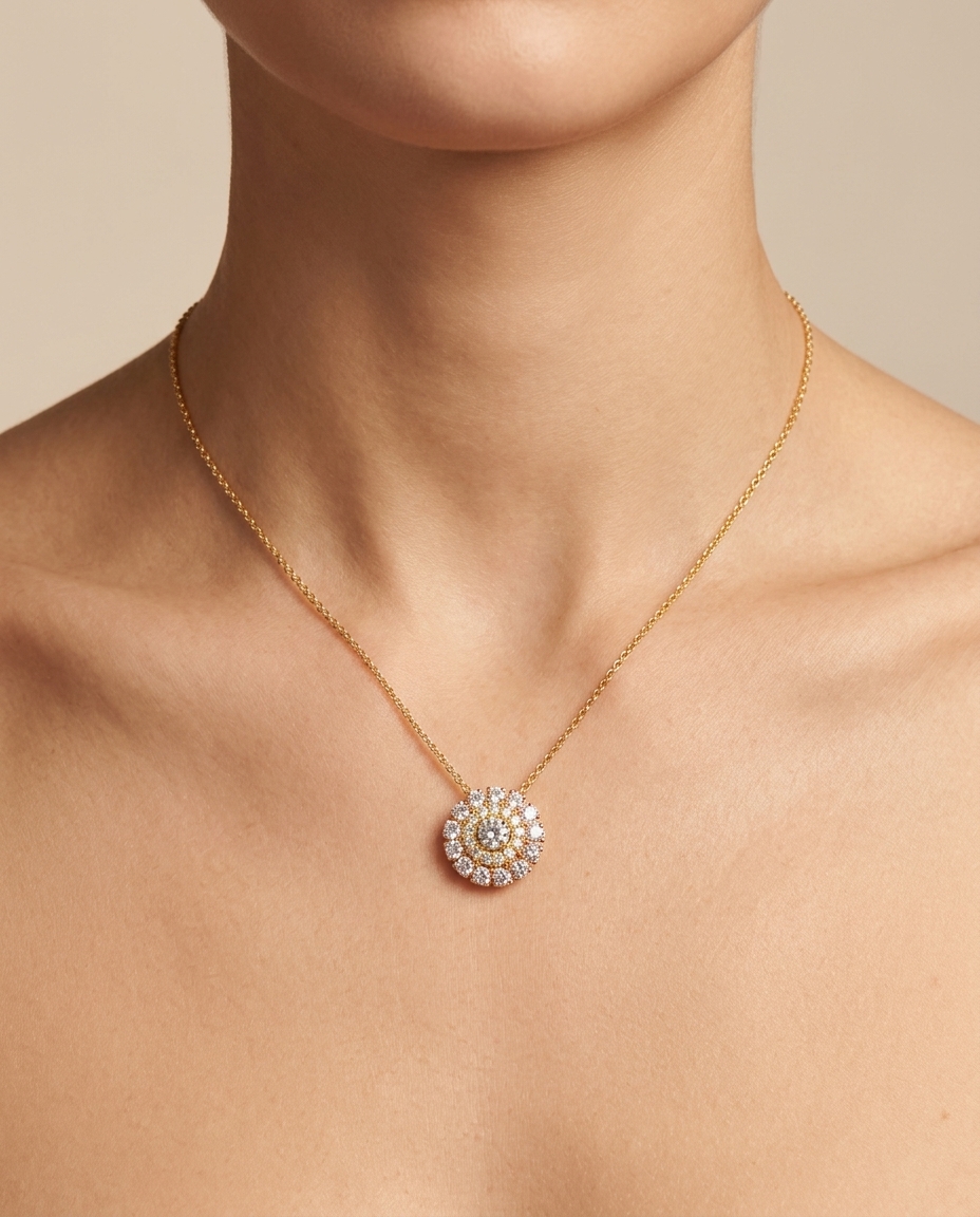 14KT Gold Diamond Pendant Necklace on model