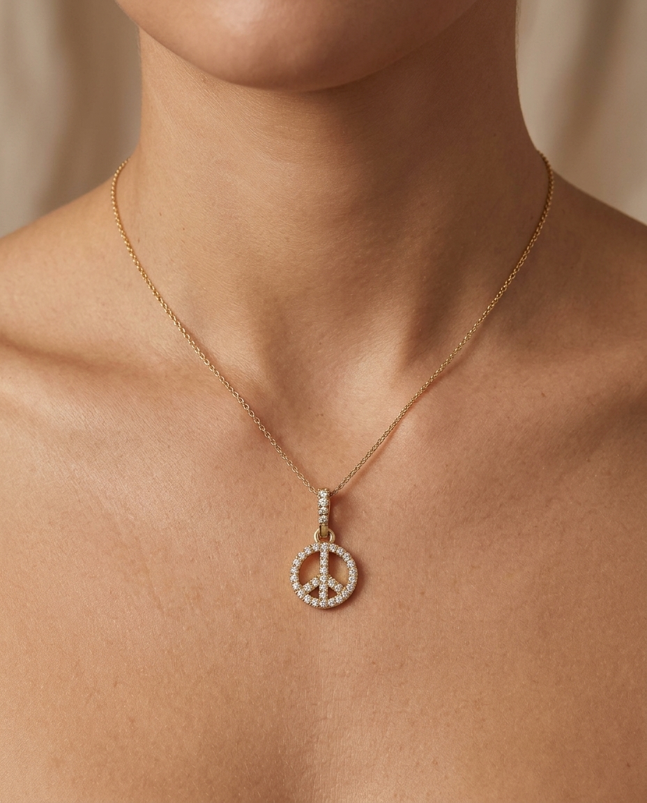 14KT Gold Diamond Peace Pendant on model