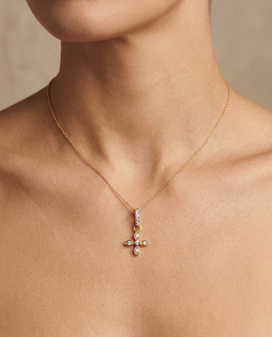 14KT Yellow Gold Flower Diamond Pendant on model