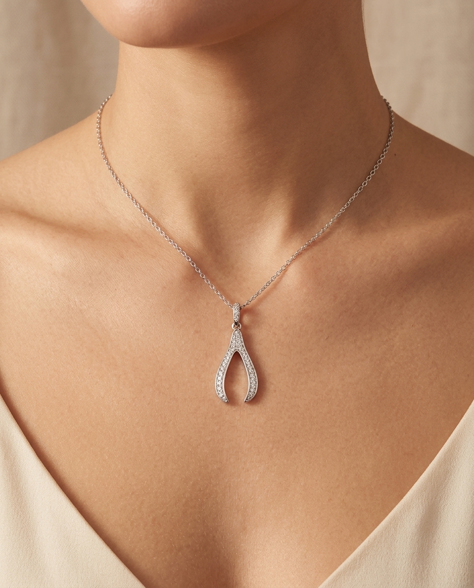 14KT White Gold Diamond Wish Bone Pandent on model