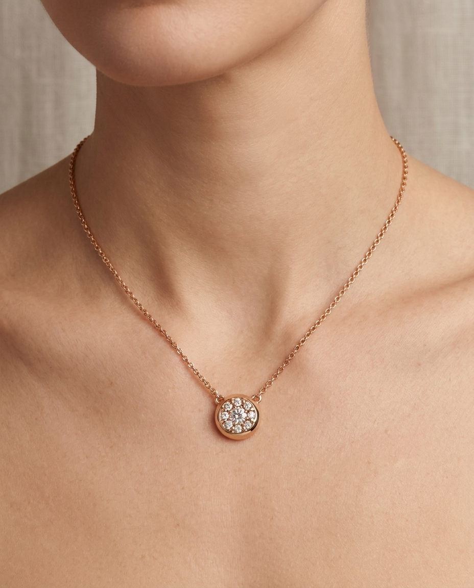 Diamond Round Disk Necklace on model