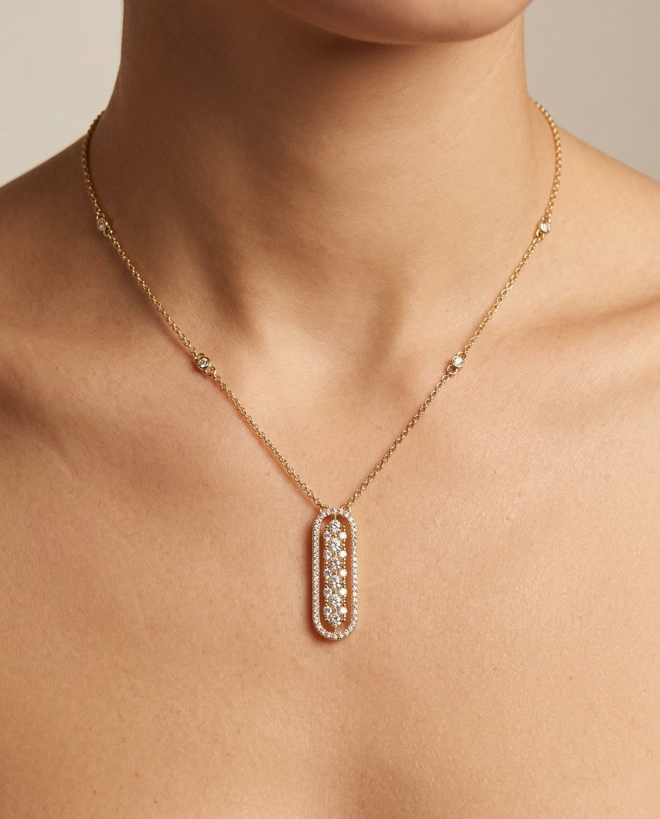 14KT Yellow Gold Diamond Pendent Necklace on model