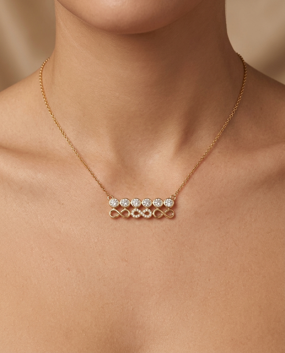 14KT Diamond Infinity Bar Pendant Necklace on model