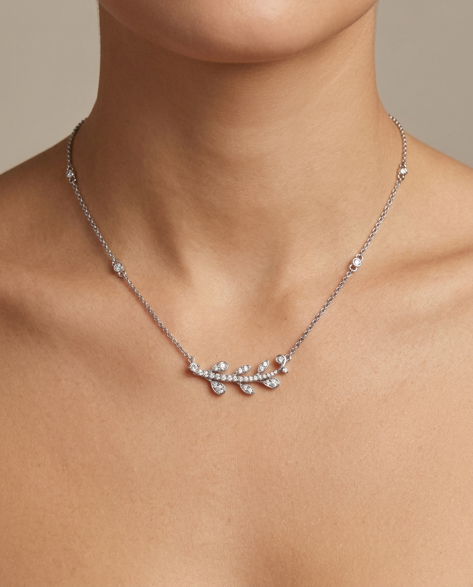 White Gold Diamond Leaf Pendent Necklace on model