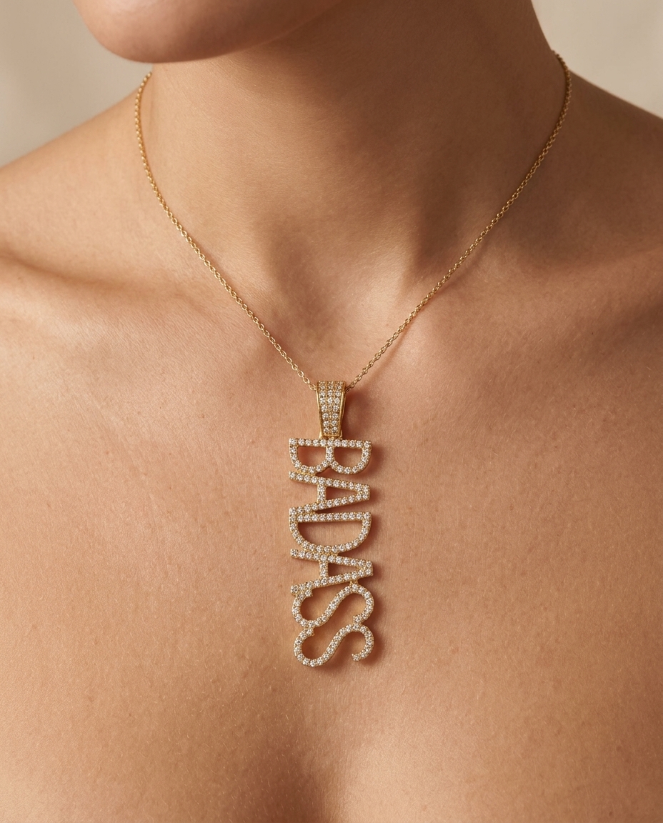 14KT Diamond Badass Pendent Necklace on model