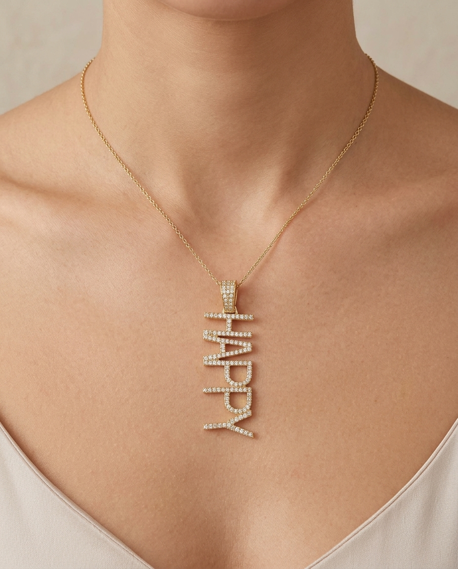 14KT Diamond Happy Pendent Necklace on model