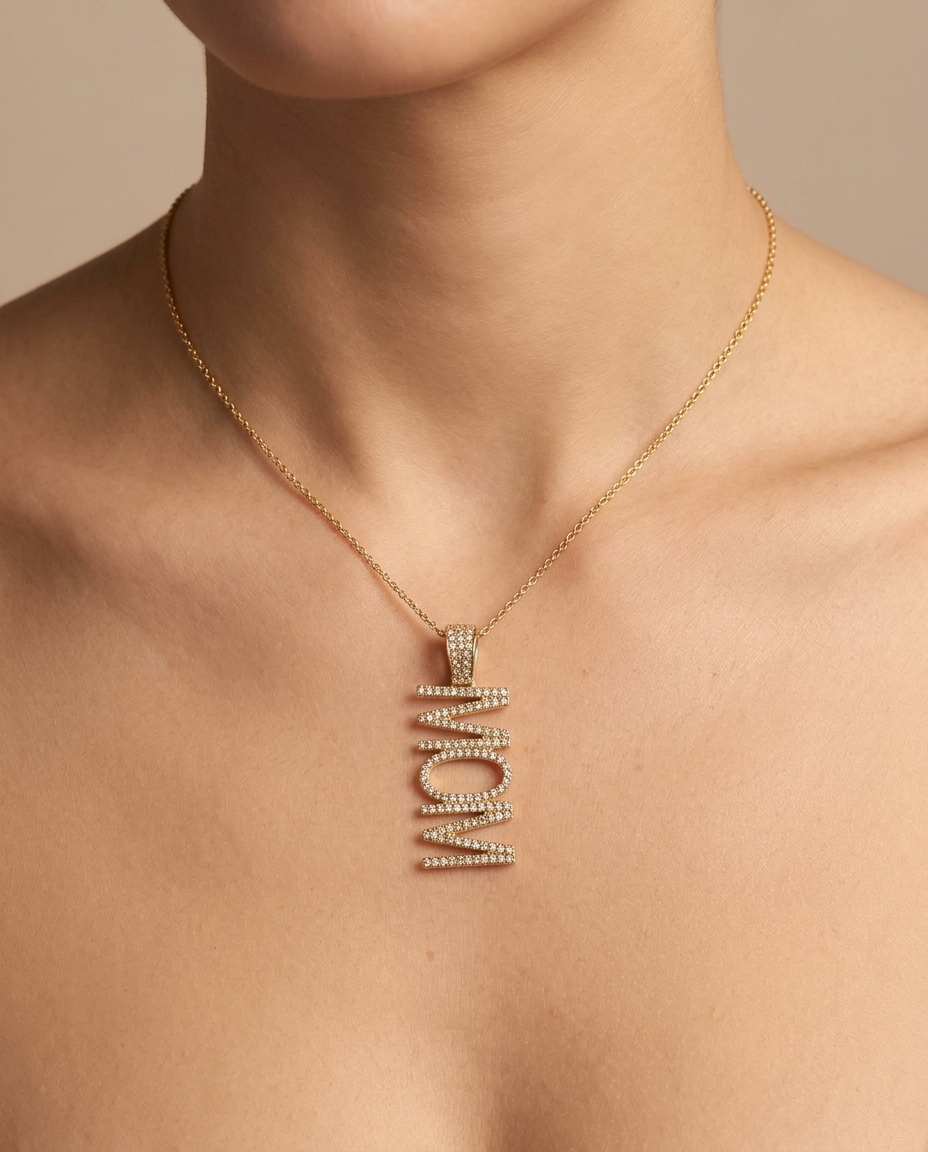 14KT Diamond Mom Pendent Necklace on model
