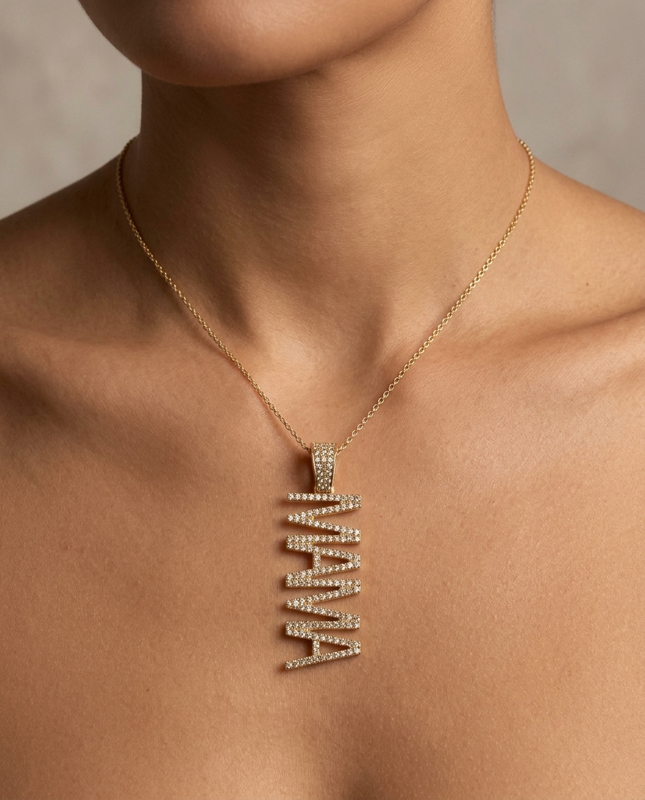 14KT Diamond Mama Pendent Necklace on model