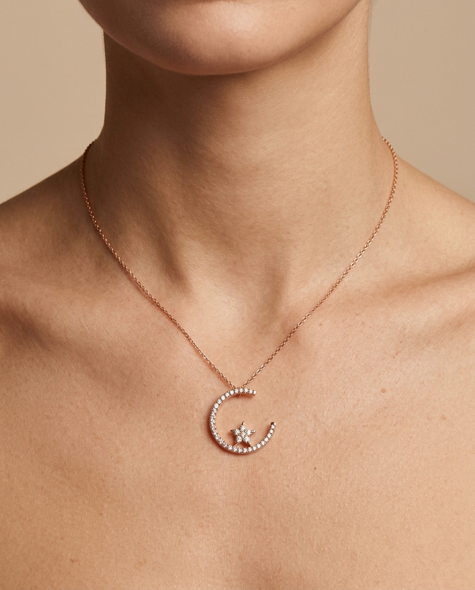 Diamond Star/Moon Necklace on model