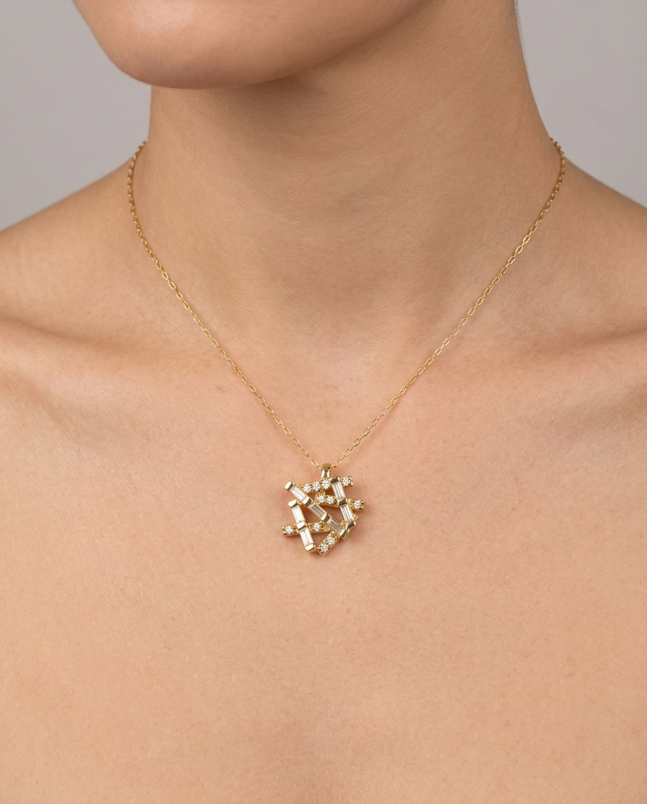 Diamond Baguette Pendent Necklace on model