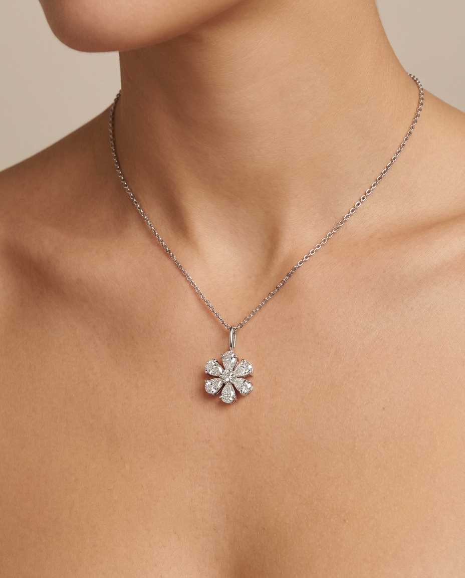 Diamond Flower Pendent Necklace on model