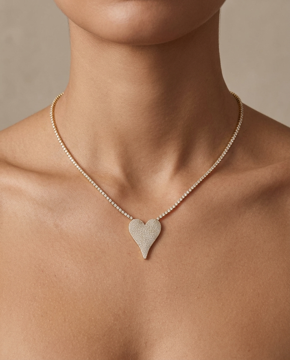 14KT Diamond Pointed Heart Necklace on model