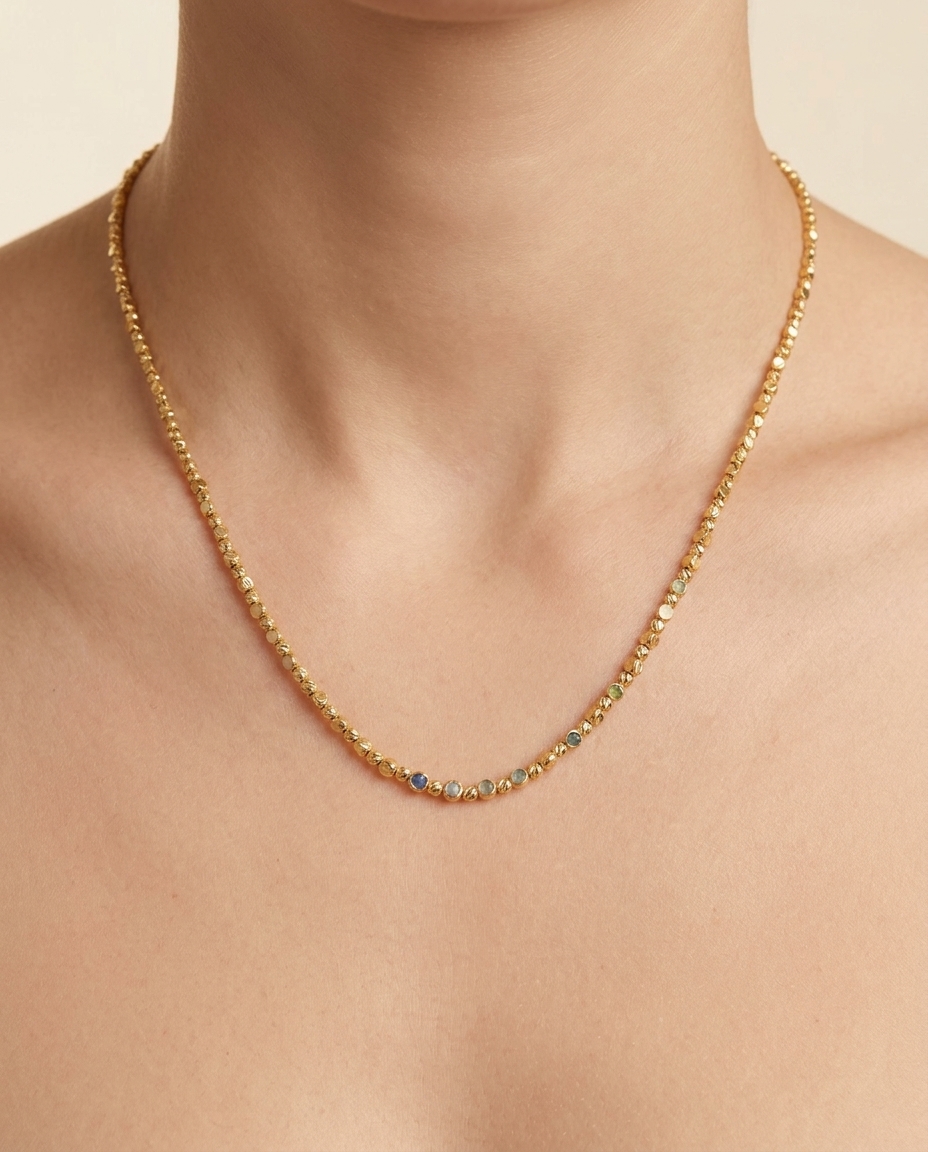 14KT Gold Diamond Cut Beads Necklace on model