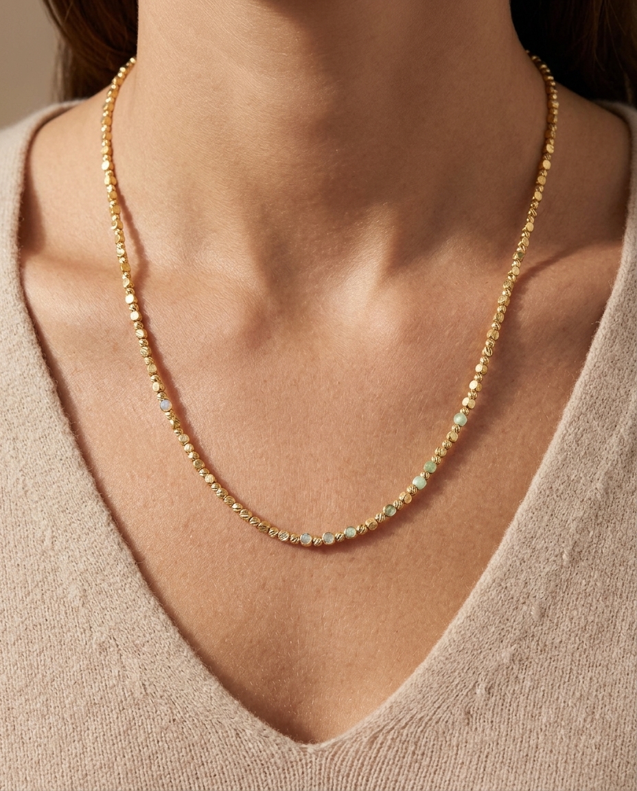 14KT Gold Diamond Cut Beads Necklace on model