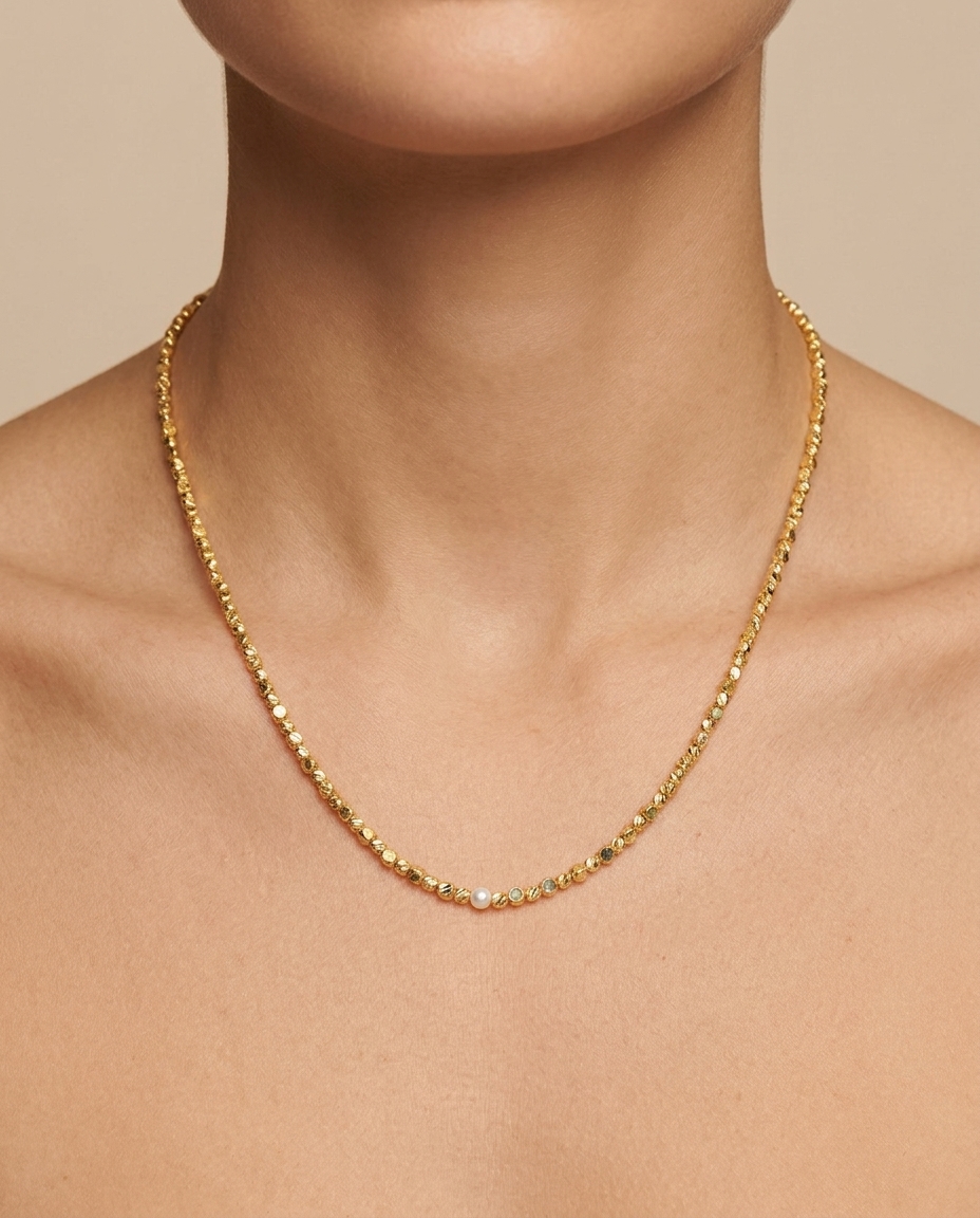 14KT Gold Diamond Cut Beads Necklace on model