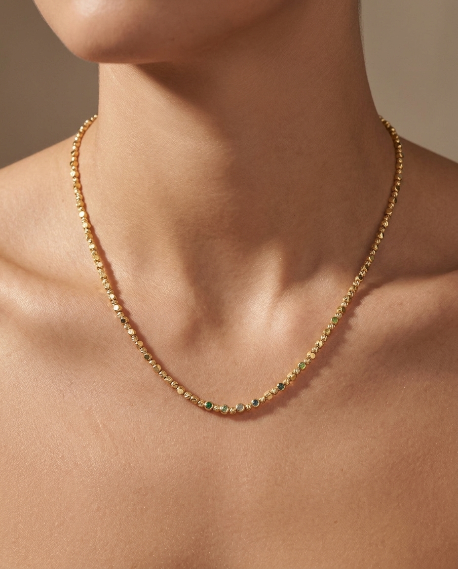 14KT Gold Diamond Cut Beads Necklace on model