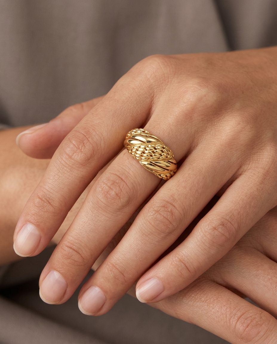 14KT Yellow Plain Gold Ridged Donut Ring on model