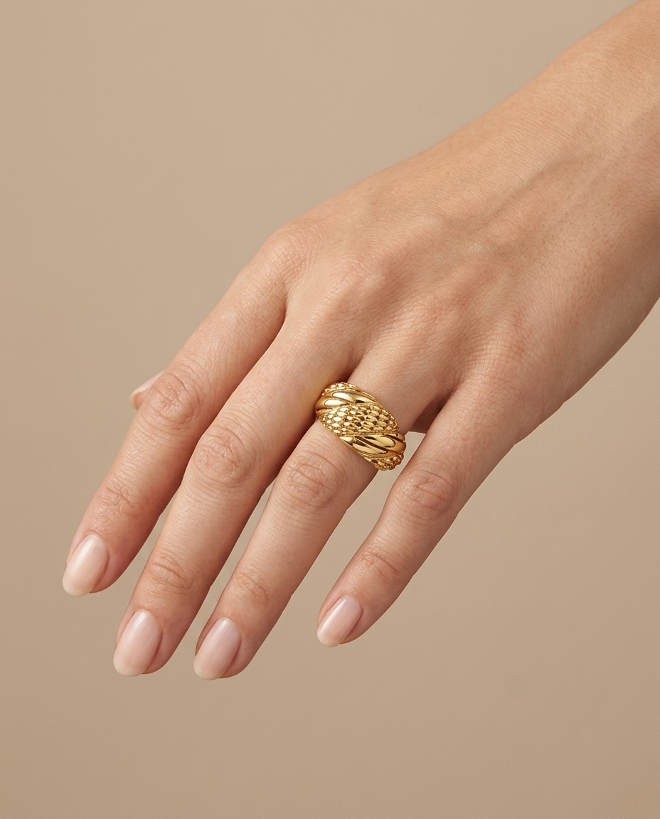 14KT Yellow Plain Gold Ridged Donut Ring on model