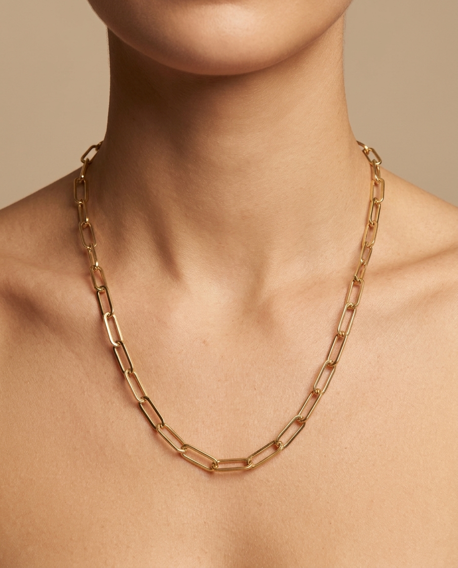 14KT Gold Paperclip Necklace on model