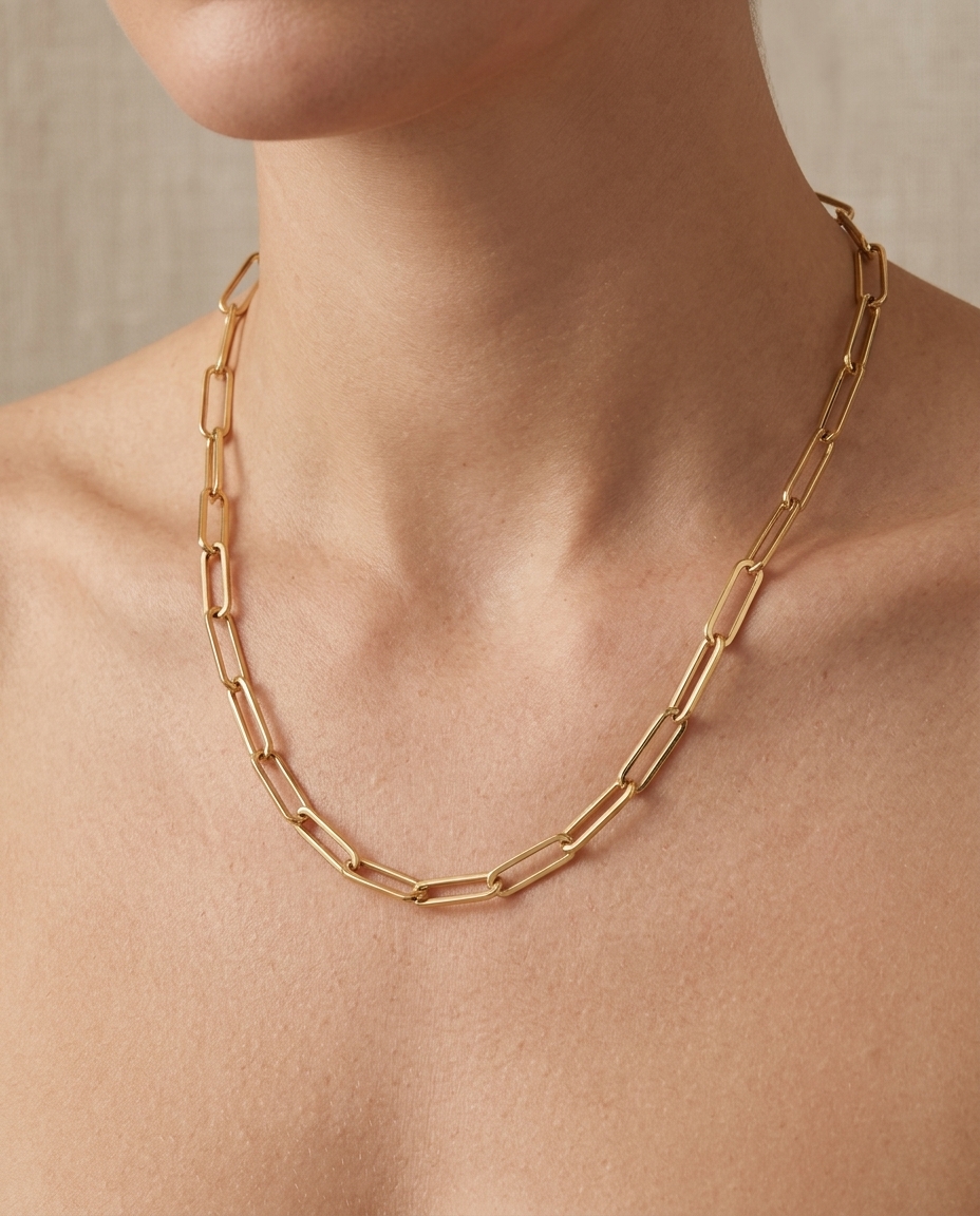 14KT Gold Paperclip Necklace on model